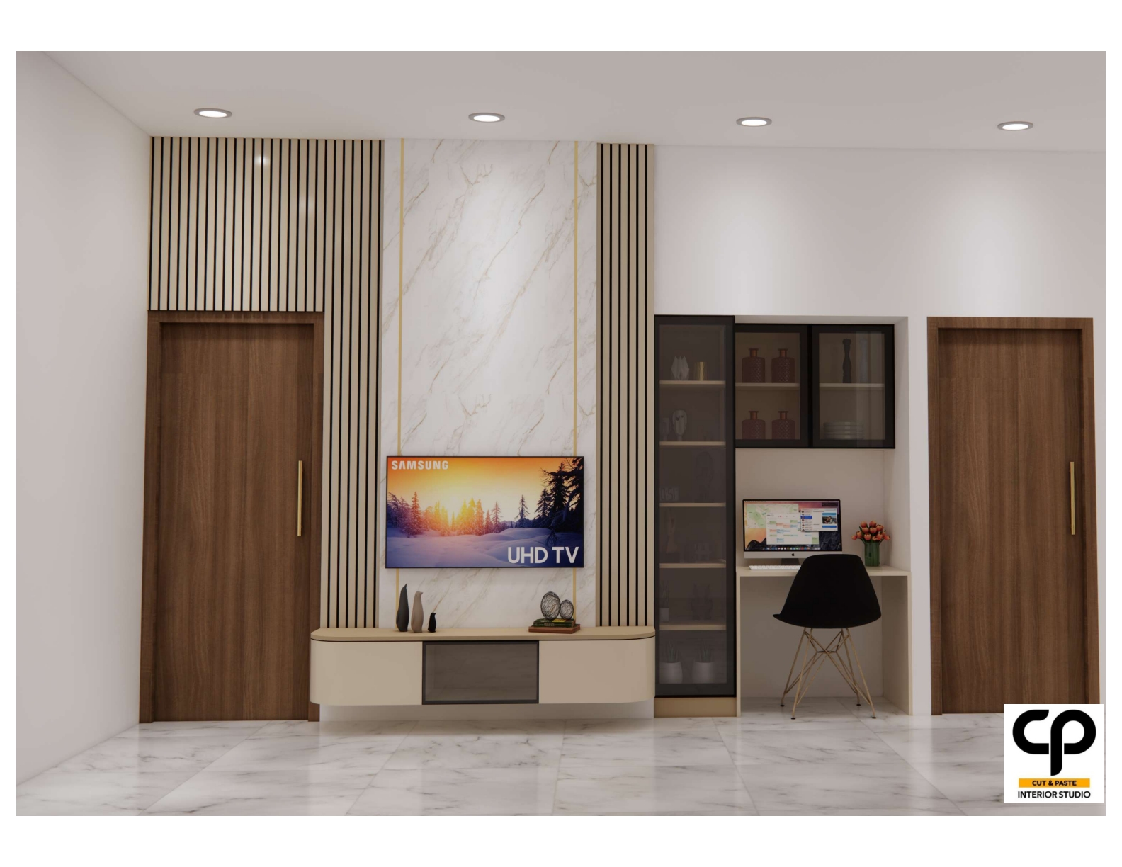 Contemporary living room interior with TV console and study zone