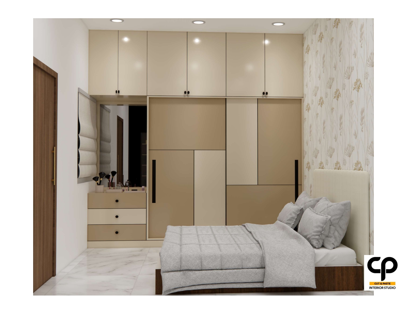Modern master bedroom suite featuring integrated wooden slat headboard and warm accent cove lighting