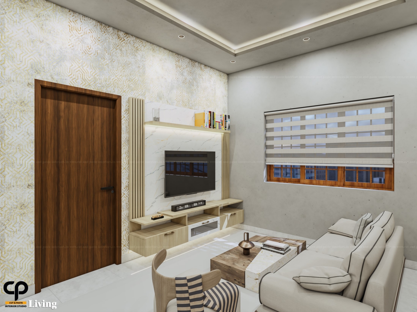 Architectural living room with fluted wall paneling and custom entertainment console