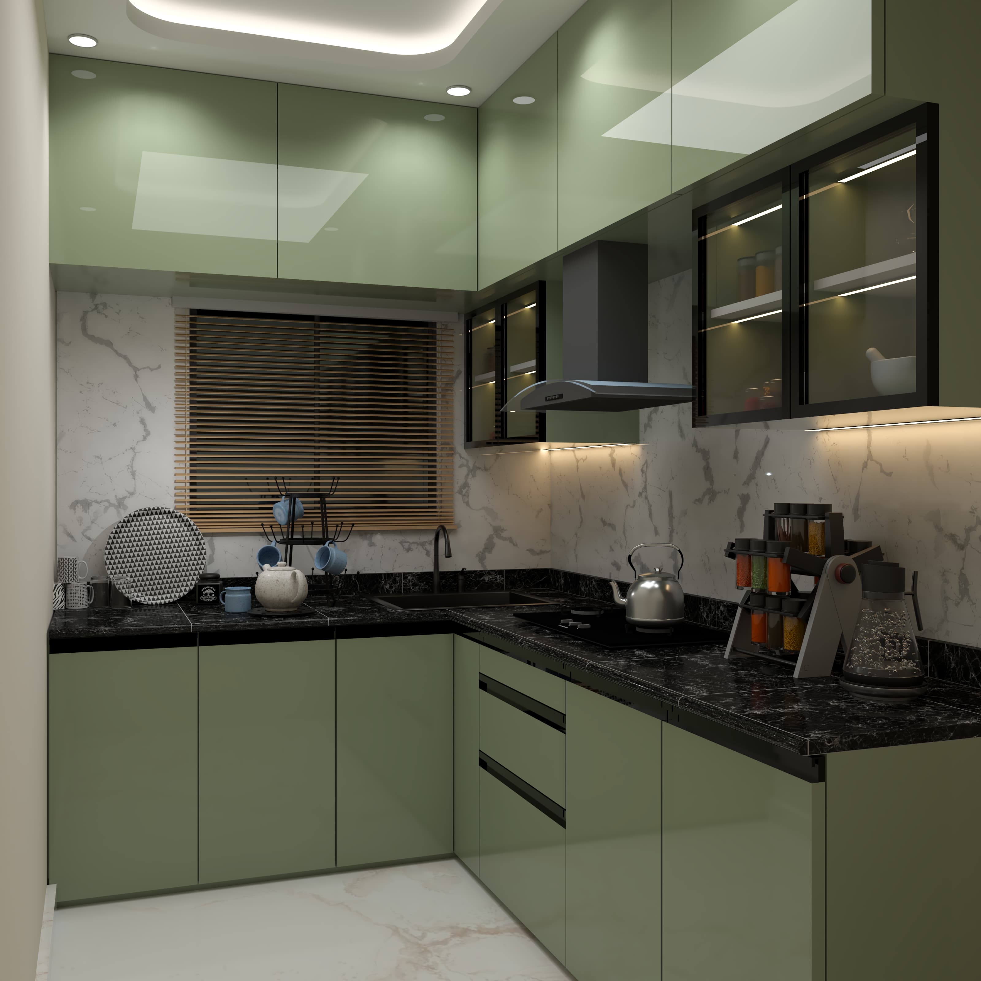 Bespoke modular kitchen in sage green with glass profile cabinetry