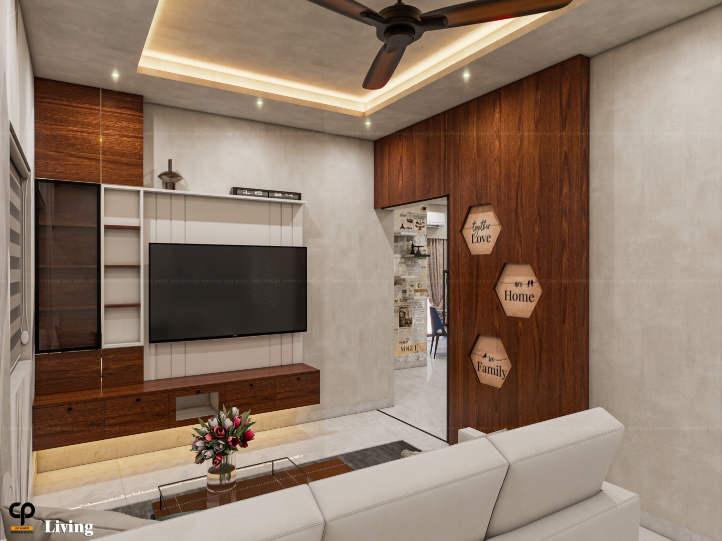 Custom living room entertainment console and feature wall by Cut & Paste Interior Studio