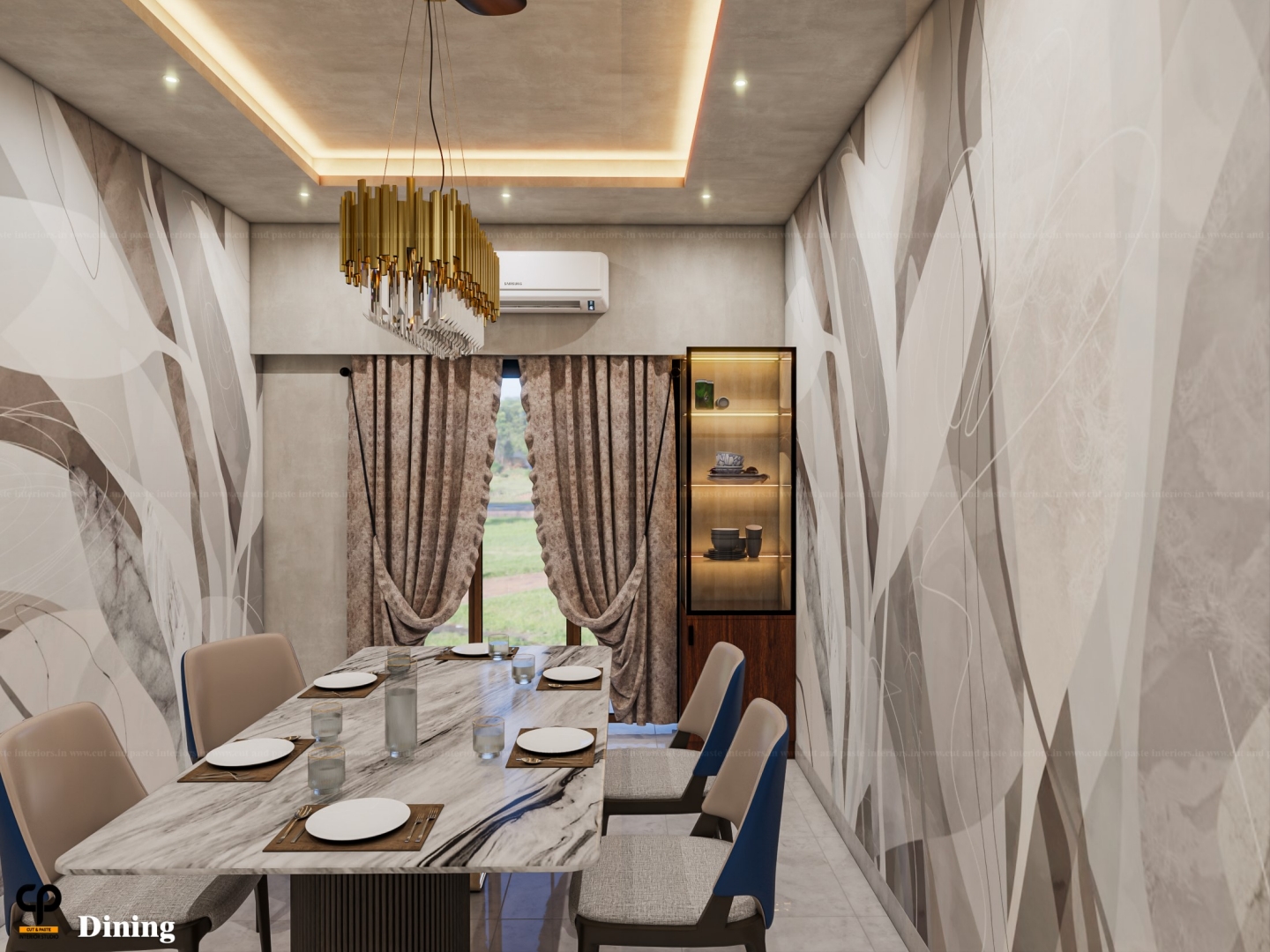 Architectural dining space with marble table, fluted feature wall, and statement chandelier