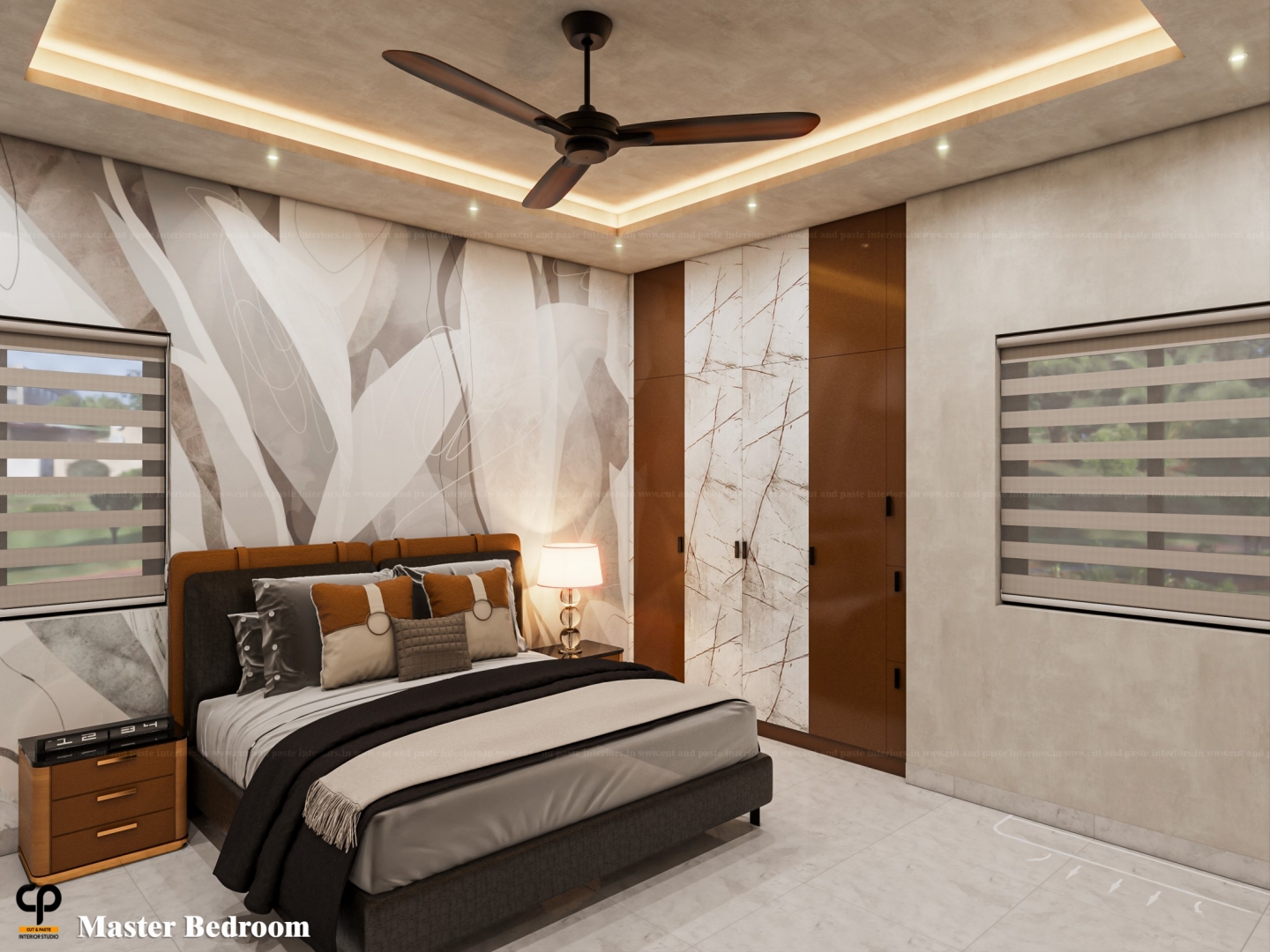 Serene master bedroom suite with marble wardrobe and accent lighting