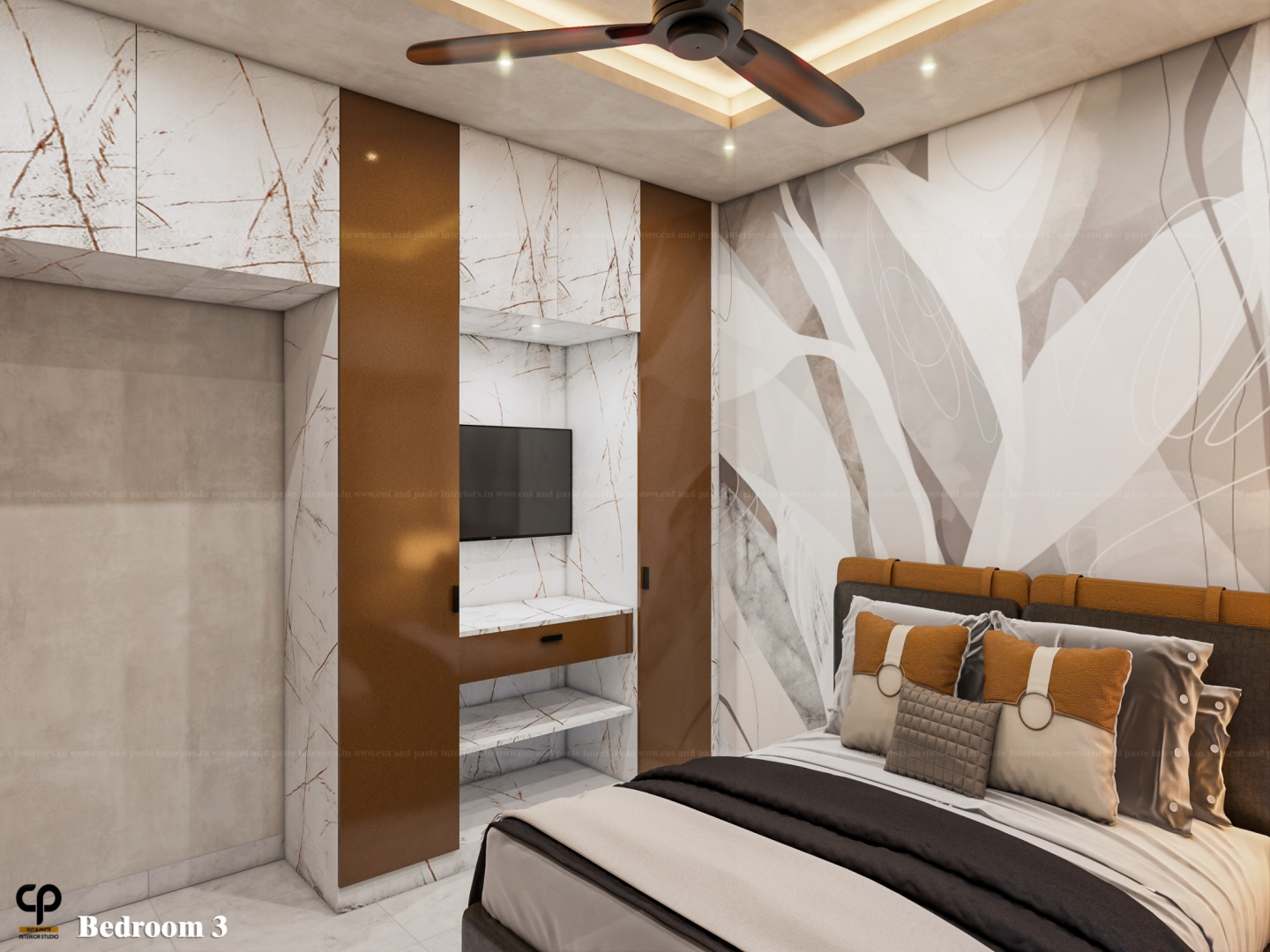 Refined bedroom interior with integrated dressing unit and layered ceiling profile
