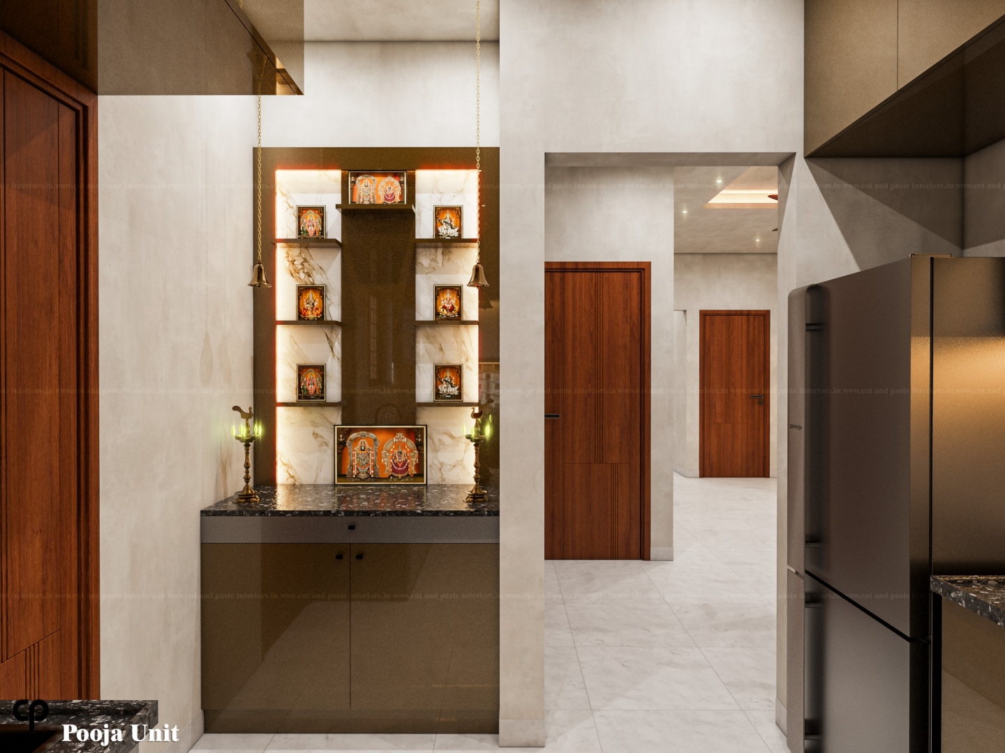 Dual-tone modular kitchen with ergonomic upper lofts and glass profile cabinets