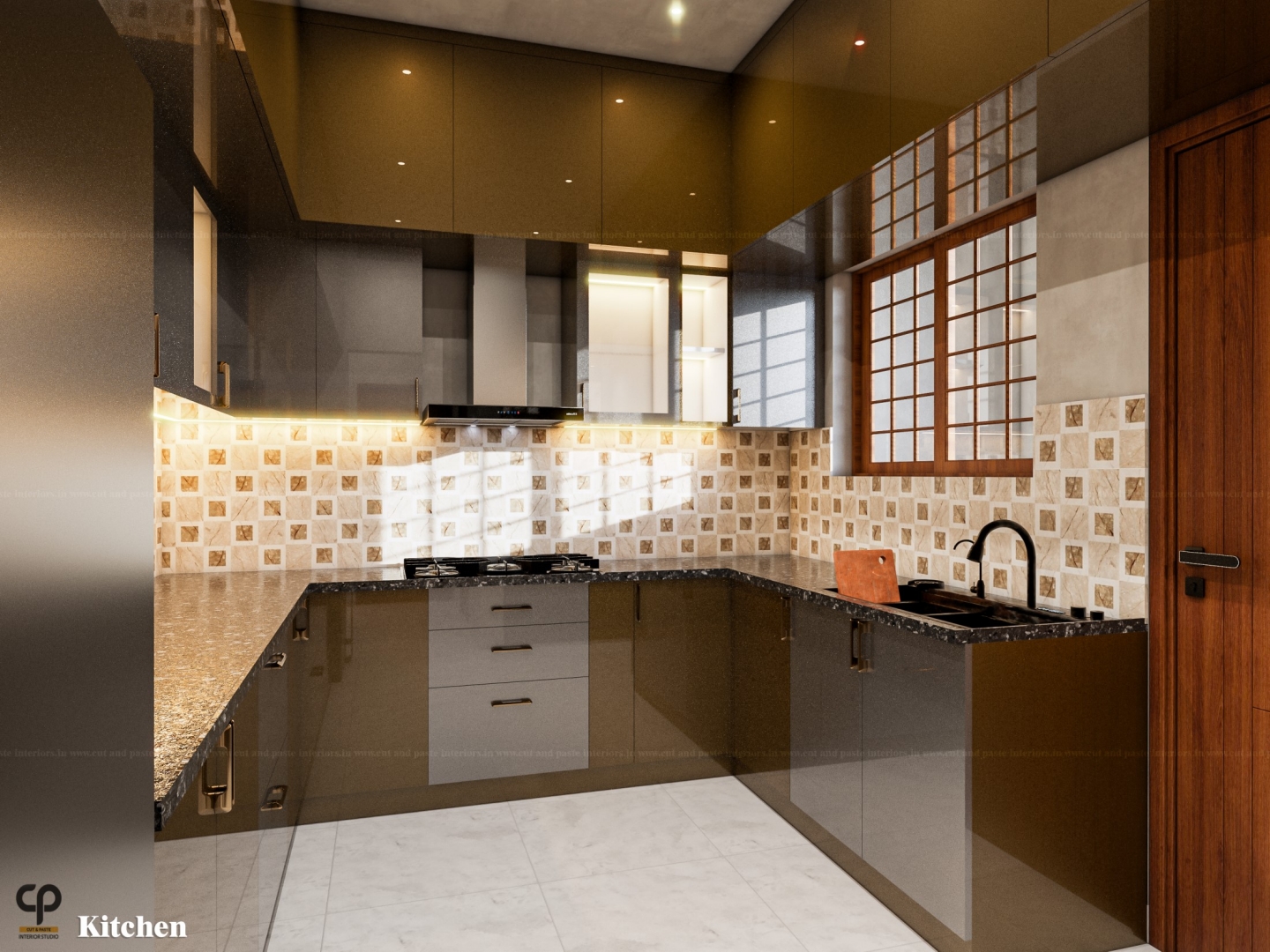 High-gloss contemporary modular kitchen layout with built-in pantry units