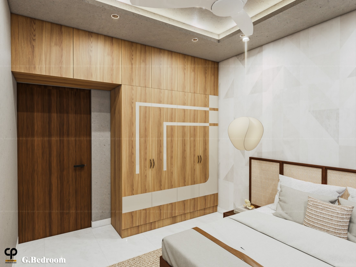 Natural wood tone guest bedroom interior